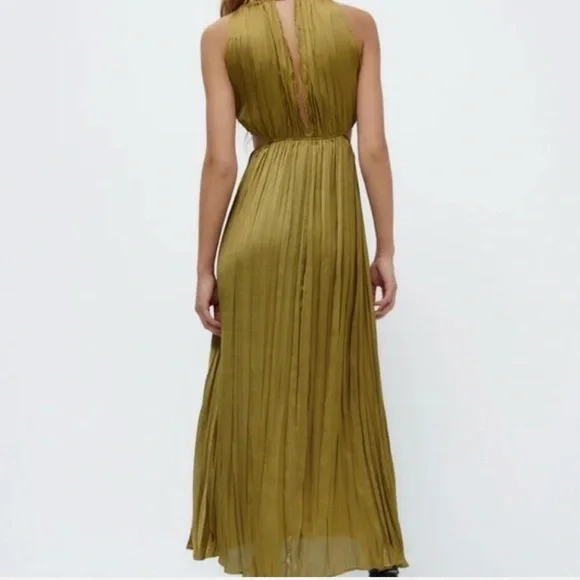 Zara Olive Green Satin Maxi Dress with Cutout - Picture 3 of 9